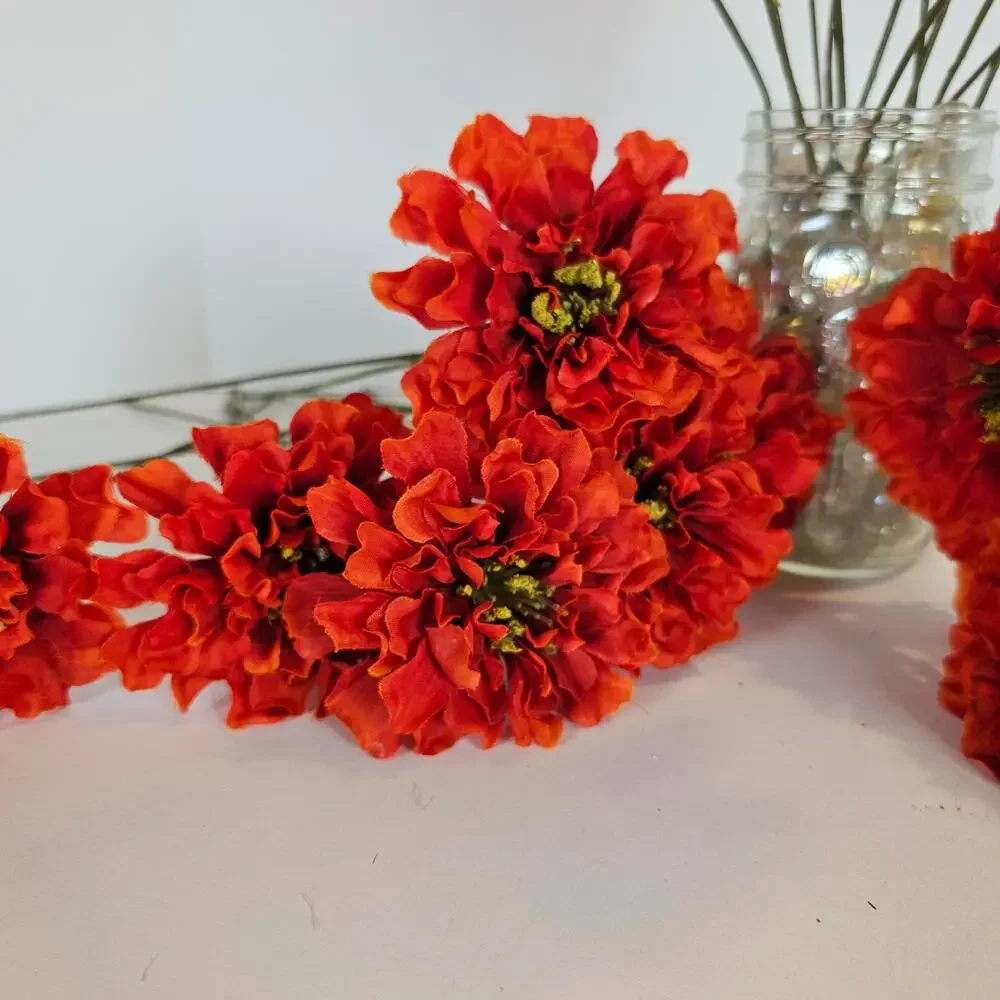 Silk Artificial Flowers Red Orange Zinnia 35 Stem Lot Floral Craft Wedding Home